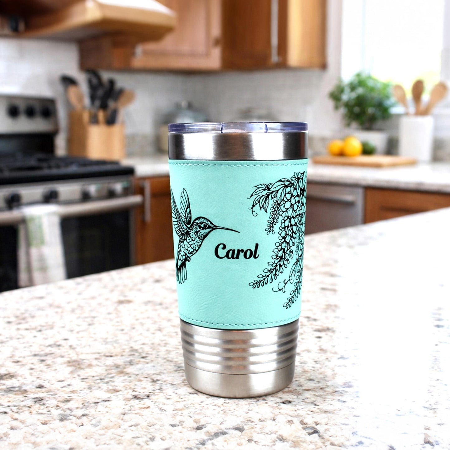 Hummingbird & Wisteria Engraved 20 oz Travel Tumbler – Personalized Leatherette Wrap, Custom NameCoffee Mug, Perfect Hummingbird Lover Gift
