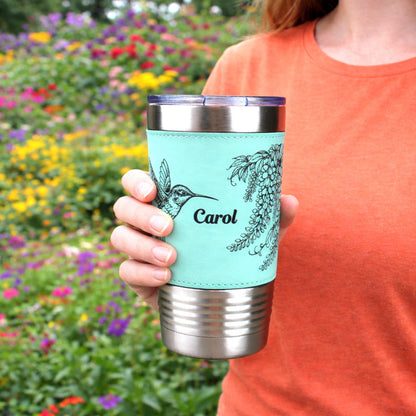 Hummingbird & Wisteria Engraved 20 oz Travel Tumbler – Personalized Leatherette Wrap, Custom NameCoffee Mug, Perfect Hummingbird Lover Gift