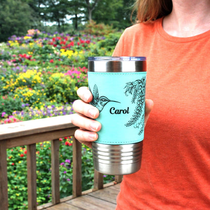 Hummingbird & Wisteria Engraved 20 oz Travel Tumbler – Personalized Leatherette Wrap, Custom NameCoffee Mug, Perfect Hummingbird Lover Gift