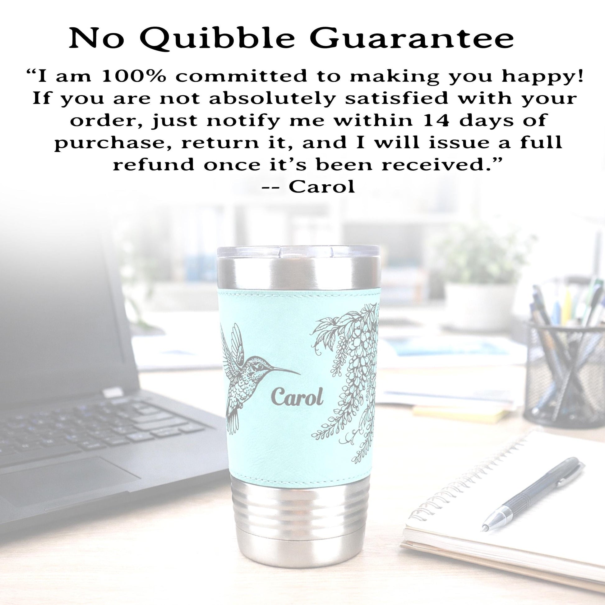Hummingbird & Wisteria Engraved 20 oz Travel Tumbler – Personalized Leatherette Wrap, Custom NameCoffee Mug, Perfect Hummingbird Lover Gift