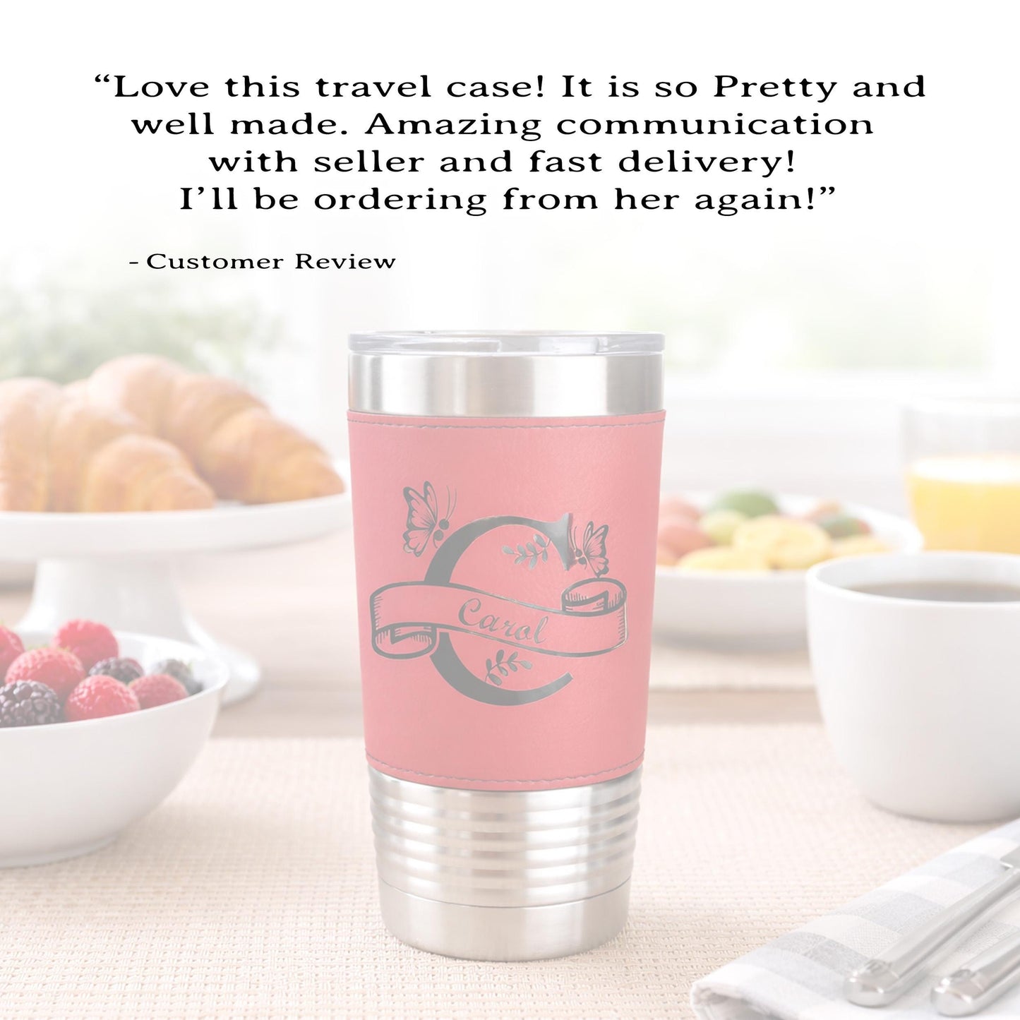 Floral Butterfly Monogram Engraved on this Insulated Coffee Travel Mug made of Stainless Steel and wrapped with Leatherette; Choose Design