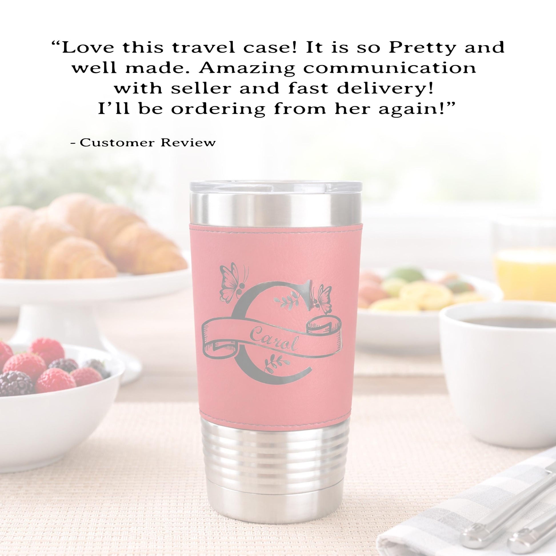 Floral Butterfly Monogram Engraved on this Insulated Coffee Travel Mug made of Stainless Steel and wrapped with Leatherette; Choose Design
