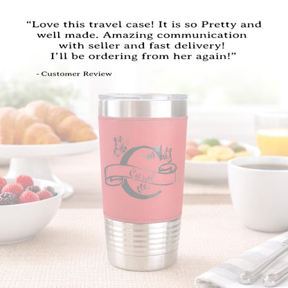Floral Butterfly Monogram Engraved on this Insulated Coffee Travel Mug made of Stainless Steel and wrapped with Leatherette; Choose Design
