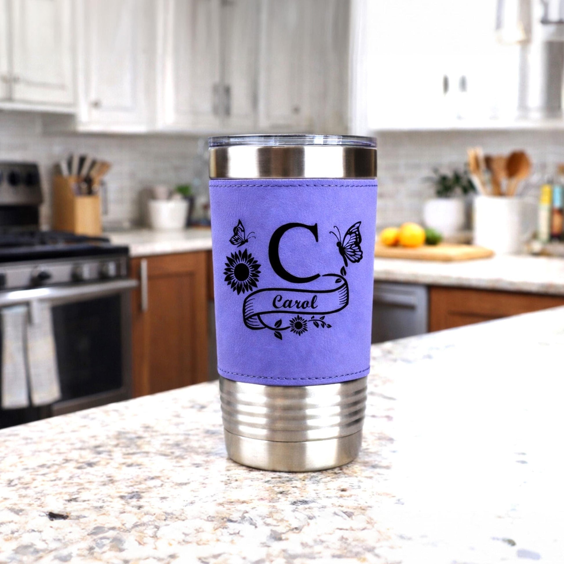 Floral Butterfly Monogram Engraved on this Insulated Coffee Travel Mug made of Stainless Steel and wrapped with Leatherette; Choose Design
