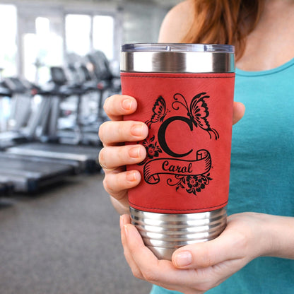 Floral Butterfly Monogram Engraved on this Insulated Coffee Travel Mug made of Stainless Steel and wrapped with Leatherette; Choose Design