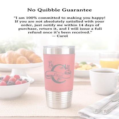 Floral Butterfly Monogram Engraved on this Insulated Coffee Travel Mug made of Stainless Steel and wrapped with Leatherette; Choose Design