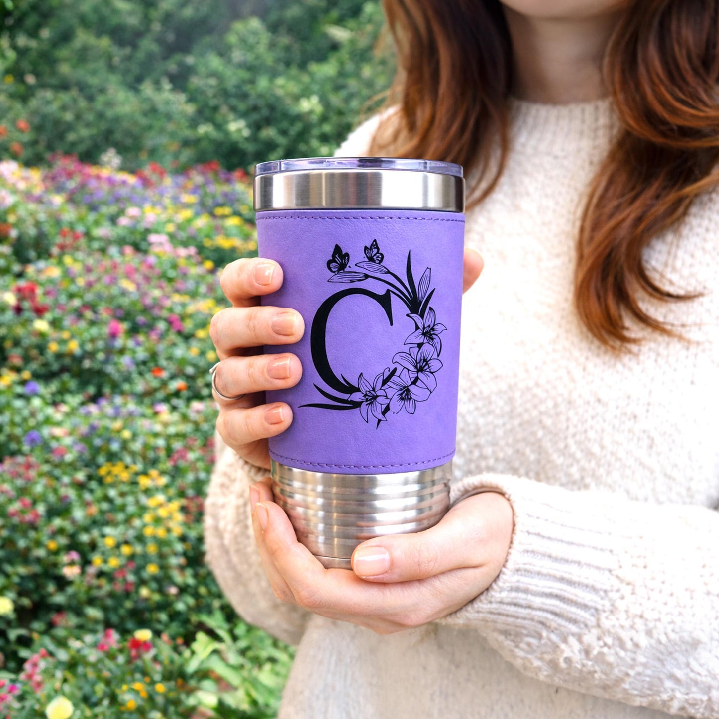 Floral Butterfly Monogram Engraved on this Insulated Coffee Travel Mug made of Stainless Steel and wrapped with Leatherette; Choose Design