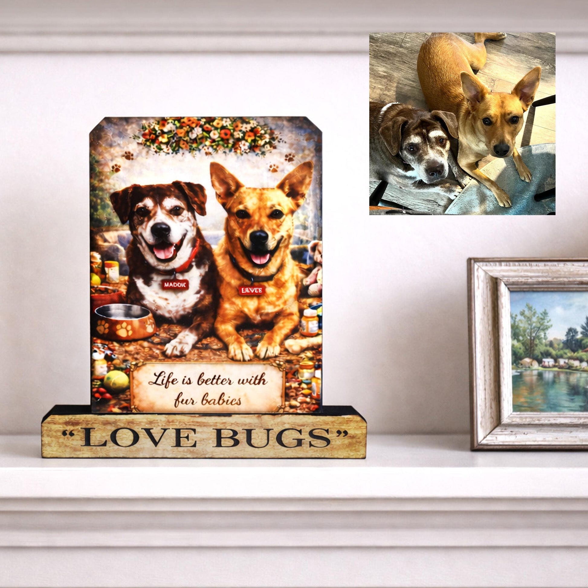 Custom Pet Photo Shelf Sitter – Personalized Name Base, Dog/Cat Mantel Decor Using Your Favorite Photo