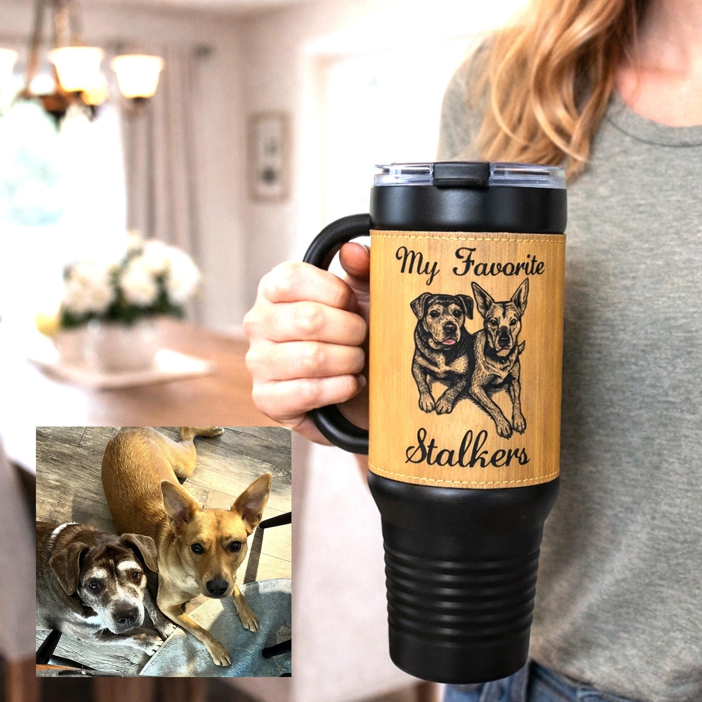 Custom Pet Portrait 40 oz Tumbler – Engraved Leatherette Travel Mug with Handle, Personalized Dog-Cat Gift. Take your best buddy everywhere.