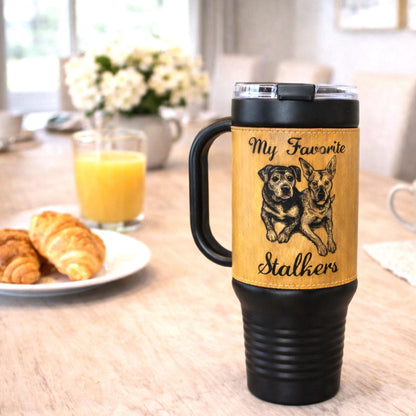 Custom Pet Portrait 40 oz Tumbler – Engraved Leatherette Travel Mug with Handle, Personalized Dog-Cat Gift. Take your best buddy everywhere.