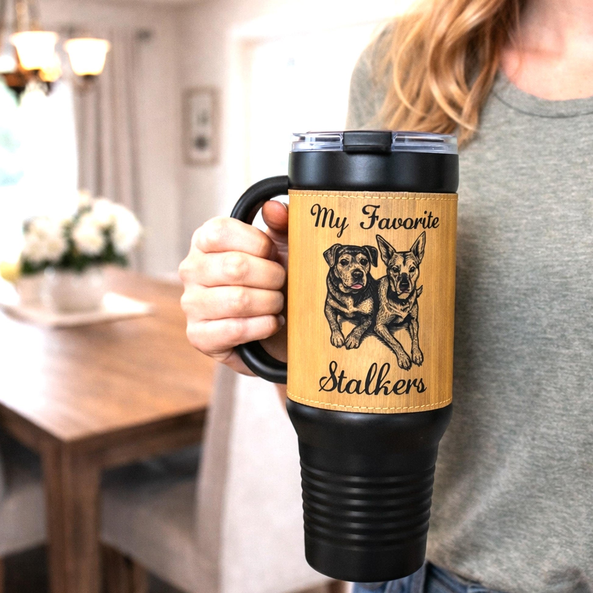 Custom Pet Portrait 40 oz Tumbler – Engraved Leatherette Travel Mug with Handle, Personalized Dog-Cat Gift. Take your best buddy everywhere.