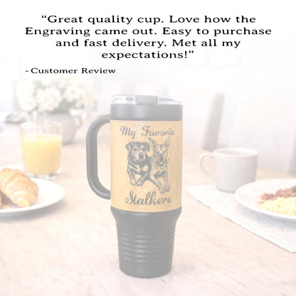 Custom Pet Portrait 40 oz Tumbler – Engraved Leatherette Travel Mug with Handle, Personalized Dog-Cat Gift. Take your best buddy everywhere.