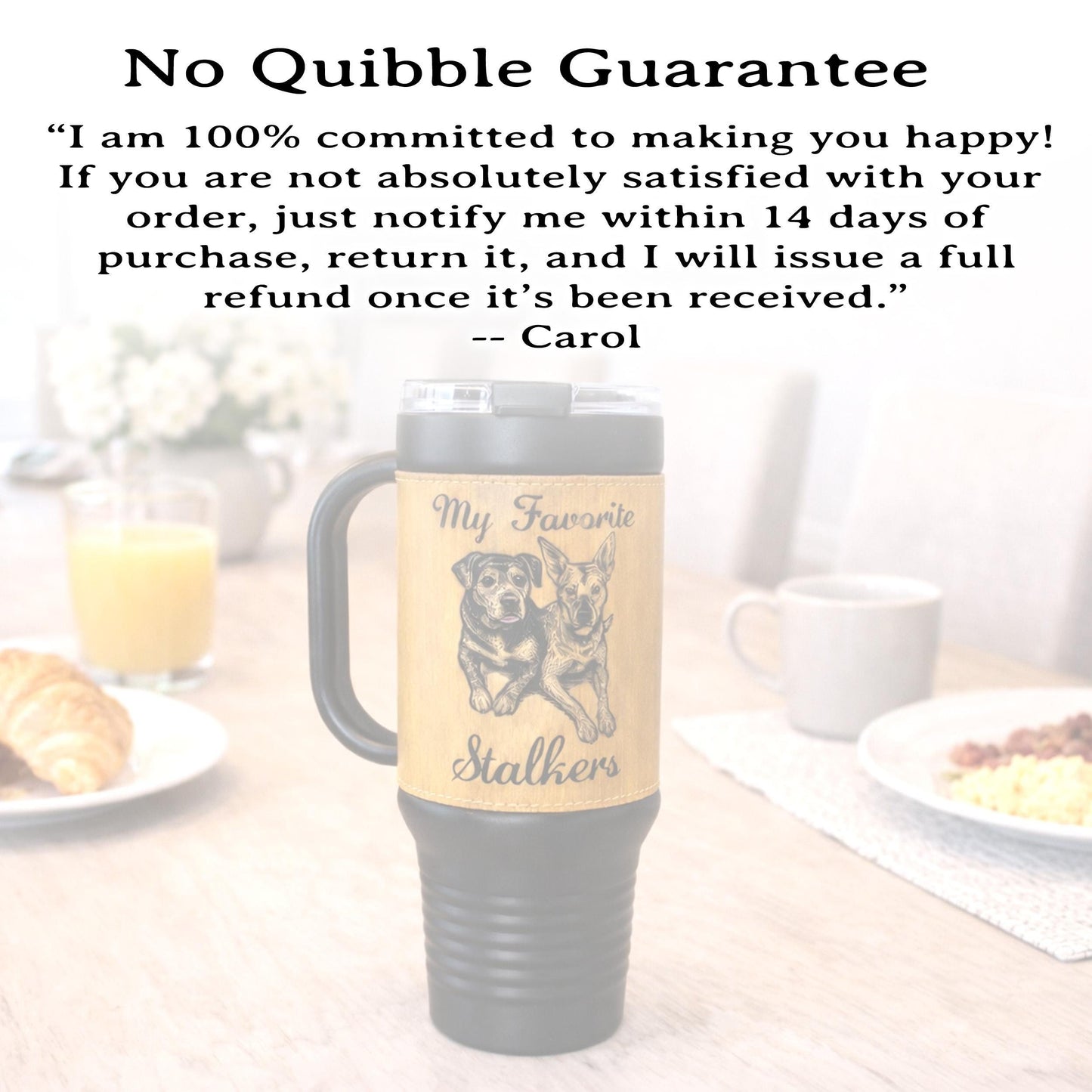 Custom Pet Portrait 40 oz Tumbler – Engraved Leatherette Travel Mug with Handle, Personalized Dog-Cat Gift. Take your best buddy everywhere.