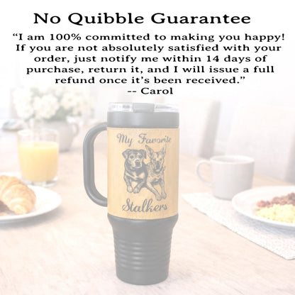Custom Pet Portrait 40 oz Tumbler – Engraved Leatherette Travel Mug with Handle, Personalized Dog-Cat Gift. Take your best buddy everywhere.