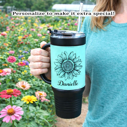 40 oz Engraved Sunflower Coffee Travel Mug, Personalized Leatherette Wrapped Tumbler, Custom Stainless Steel Mug With Handle And Straw
