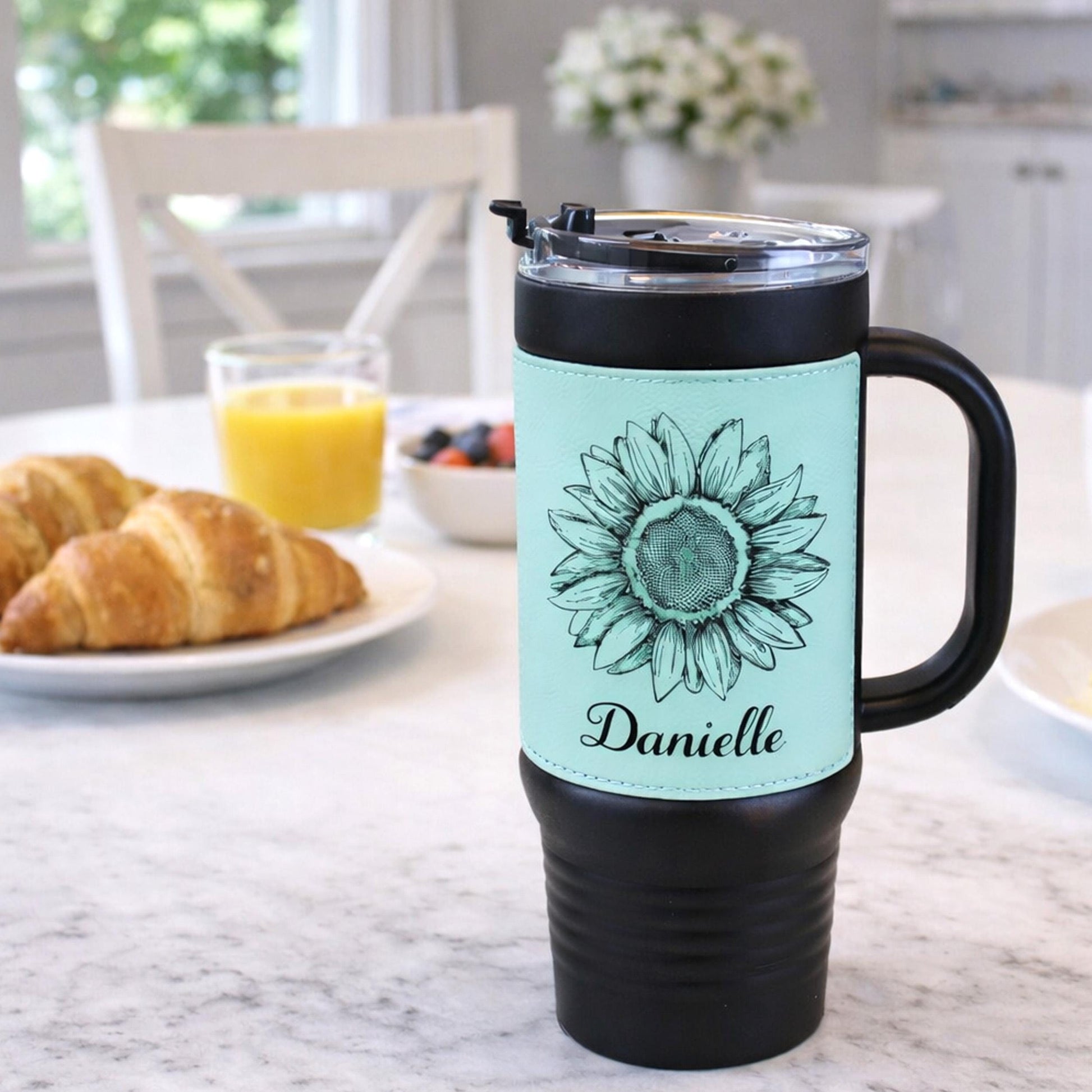 40 oz Engraved Sunflower Coffee Travel Mug, Personalized Leatherette Wrapped Tumbler, Custom Stainless Steel Mug With Handle And Straw