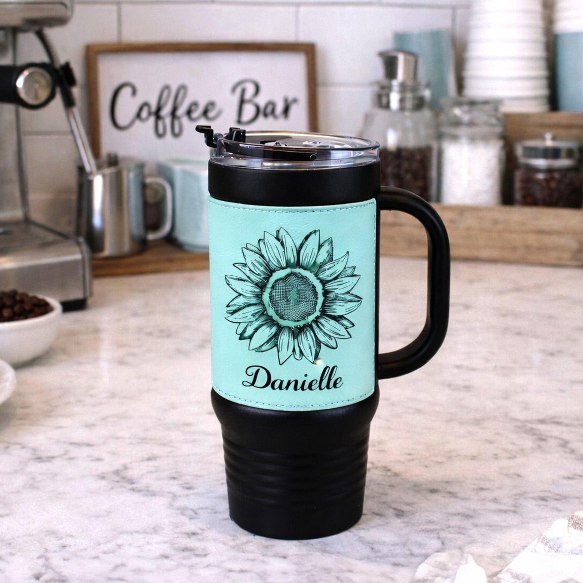 40 oz Engraved Sunflower Coffee Travel Mug, Personalized Leatherette Wrapped Tumbler, Custom Stainless Steel Mug With Handle And Straw