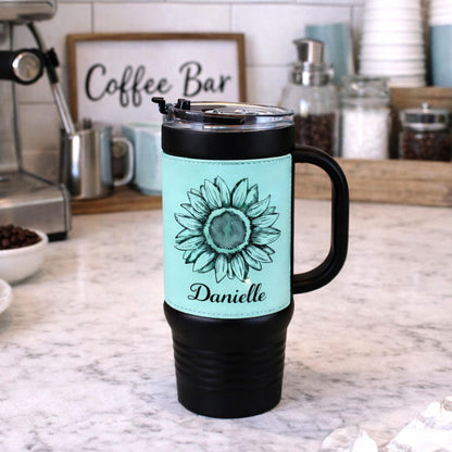 40 oz Engraved Sunflower Coffee Travel Mug, Personalized Leatherette Wrapped Tumbler, Custom Stainless Steel Mug With Handle And Straw