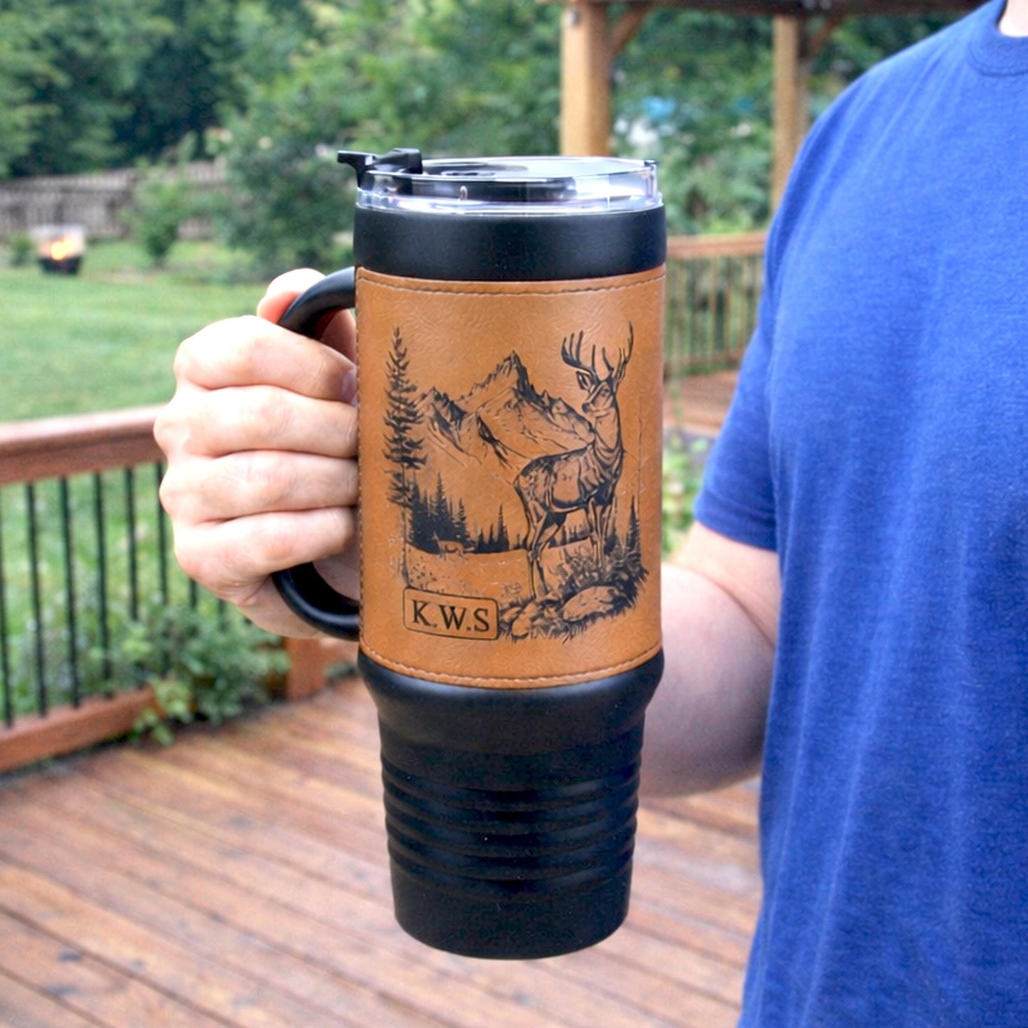 40 Ounce Personalized Hunting Travel Mug, Custom Coffee Tumbler, Leather Wrapped Deer Insulated Cup, Hunter Lover Gift, Perfect For Him