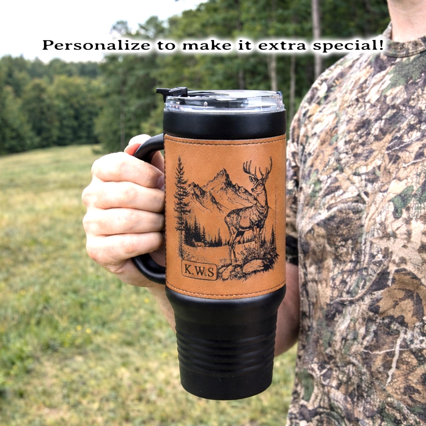 40 Ounce Personalized Hunting Travel Mug, Custom Coffee Tumbler, Leather Wrapped Deer Insulated Cup, Hunter Lover Gift, Perfect For Him