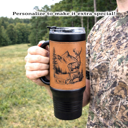 40 Ounce Personalized Hunting Travel Mug, Custom Coffee Tumbler, Leather Wrapped Deer Insulated Cup, Hunter Lover Gift, Perfect For Him