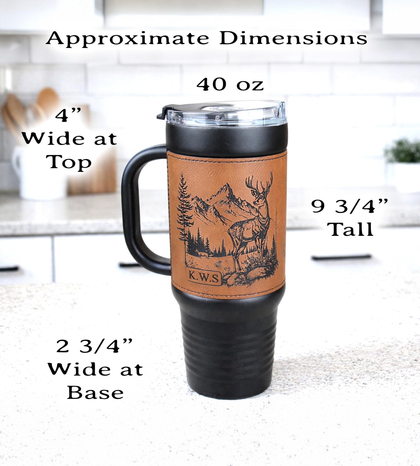 40 Ounce Personalized Hunting Travel Mug, Custom Coffee Tumbler, Leather Wrapped Deer Insulated Cup, Hunter Lover Gift, Perfect For Him