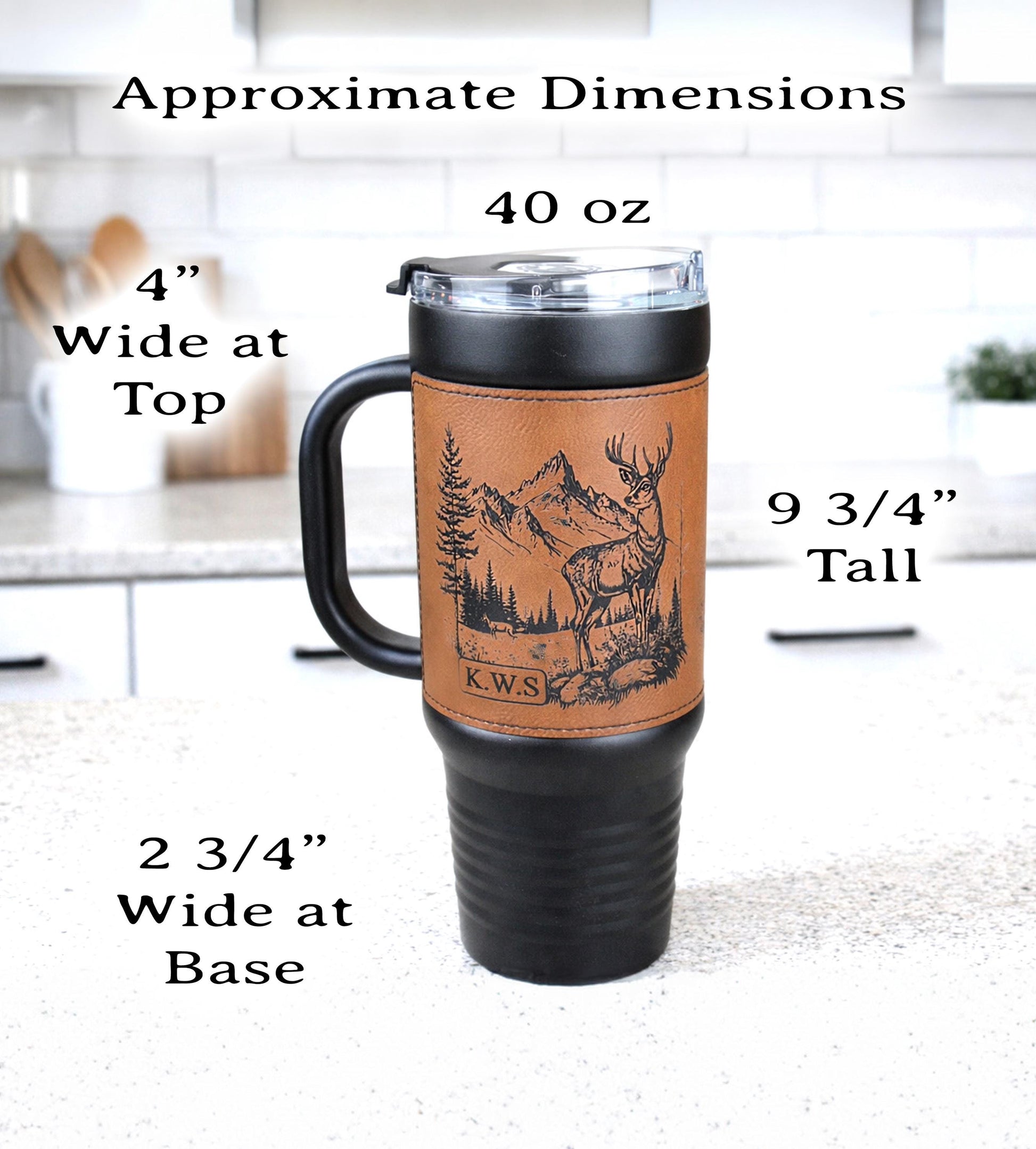 40 Ounce Personalized Hunting Travel Mug, Custom Coffee Tumbler, Leather Wrapped Deer Insulated Cup, Hunter Lover Gift, Perfect For Him