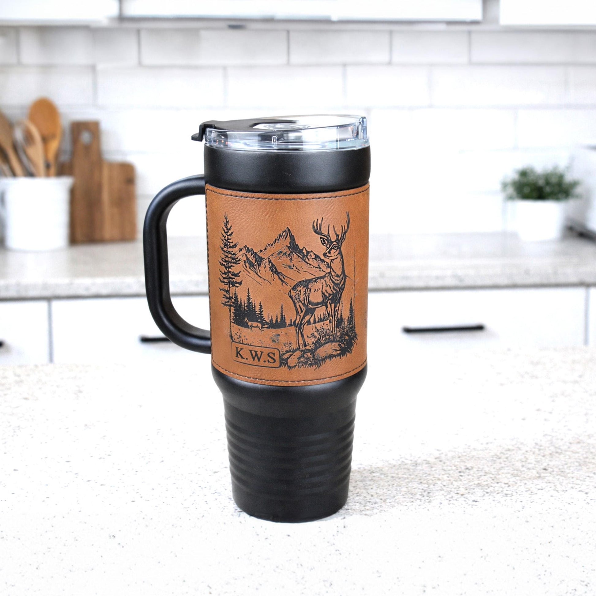 40 Ounce Personalized Hunting Travel Mug, Custom Coffee Tumbler, Leather Wrapped Deer Insulated Cup, Hunter Lover Gift, Perfect For Him