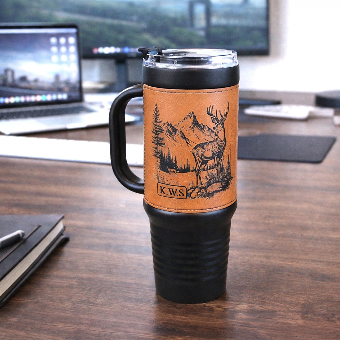 40 Ounce Personalized Hunting Travel Mug, Custom Coffee Tumbler, Leather Wrapped Deer Insulated Cup, Hunter Lover Gift, Perfect For Him