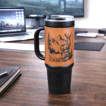 40 Ounce Personalized Hunting Travel Mug, Custom Coffee Tumbler, Leather Wrapped Deer Insulated Cup, Hunter Lover Gift, Perfect For Him