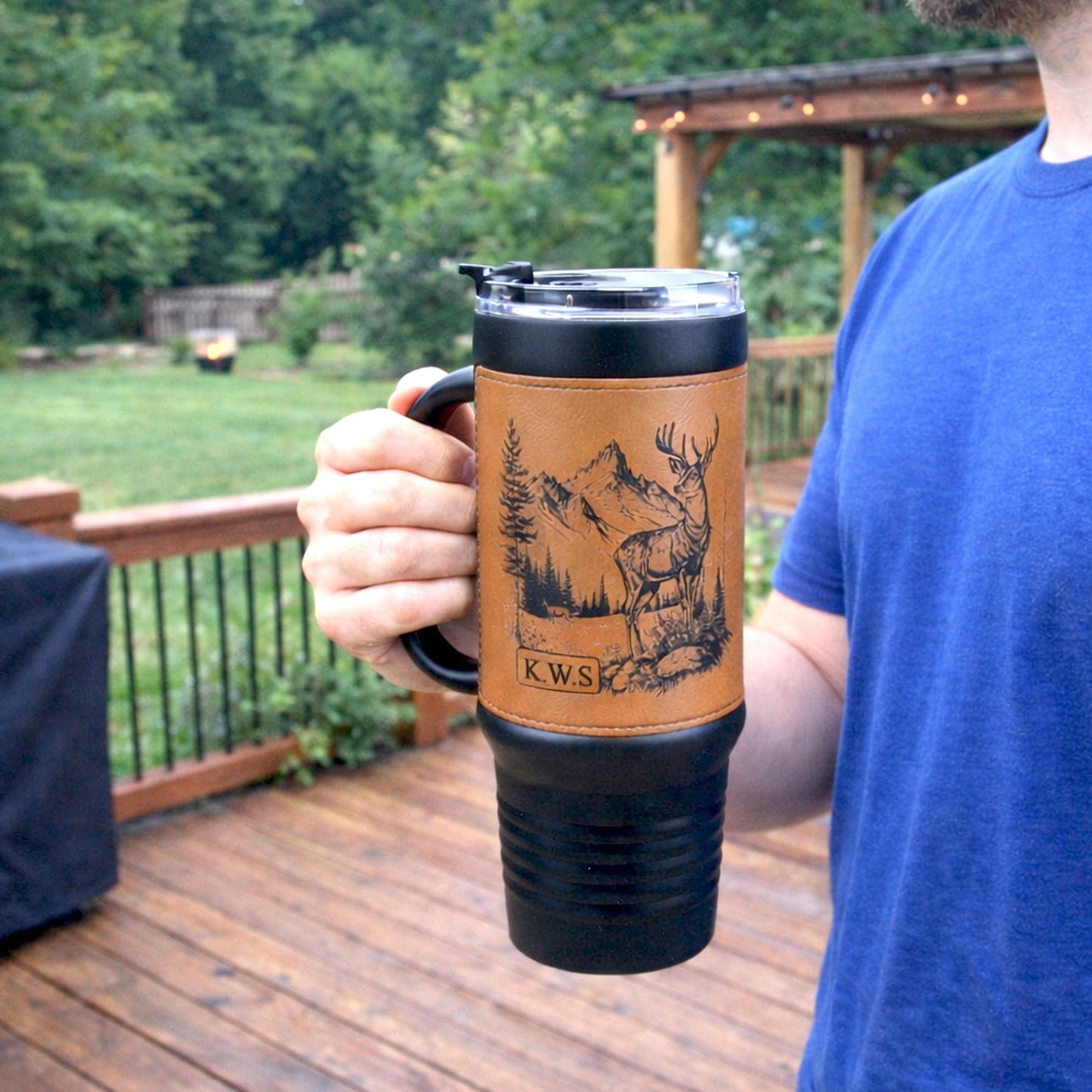 40 Ounce Personalized Hunting Travel Mug, Custom Coffee Tumbler, Leather Wrapped Deer Insulated Cup, Hunter Lover Gift, Perfect For Him