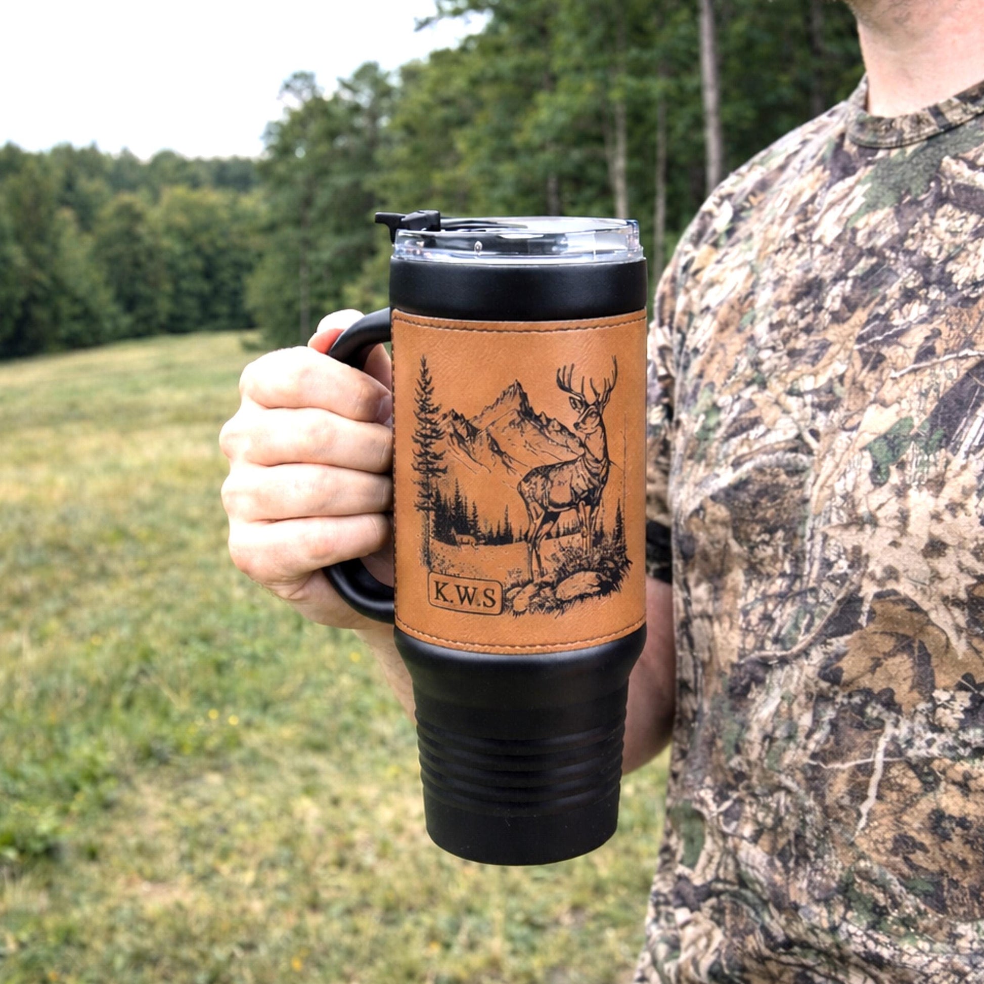 40 Ounce Personalized Hunting Travel Mug, Custom Coffee Tumbler, Leather Wrapped Deer Insulated Cup, Hunter Lover Gift, Perfect For Him