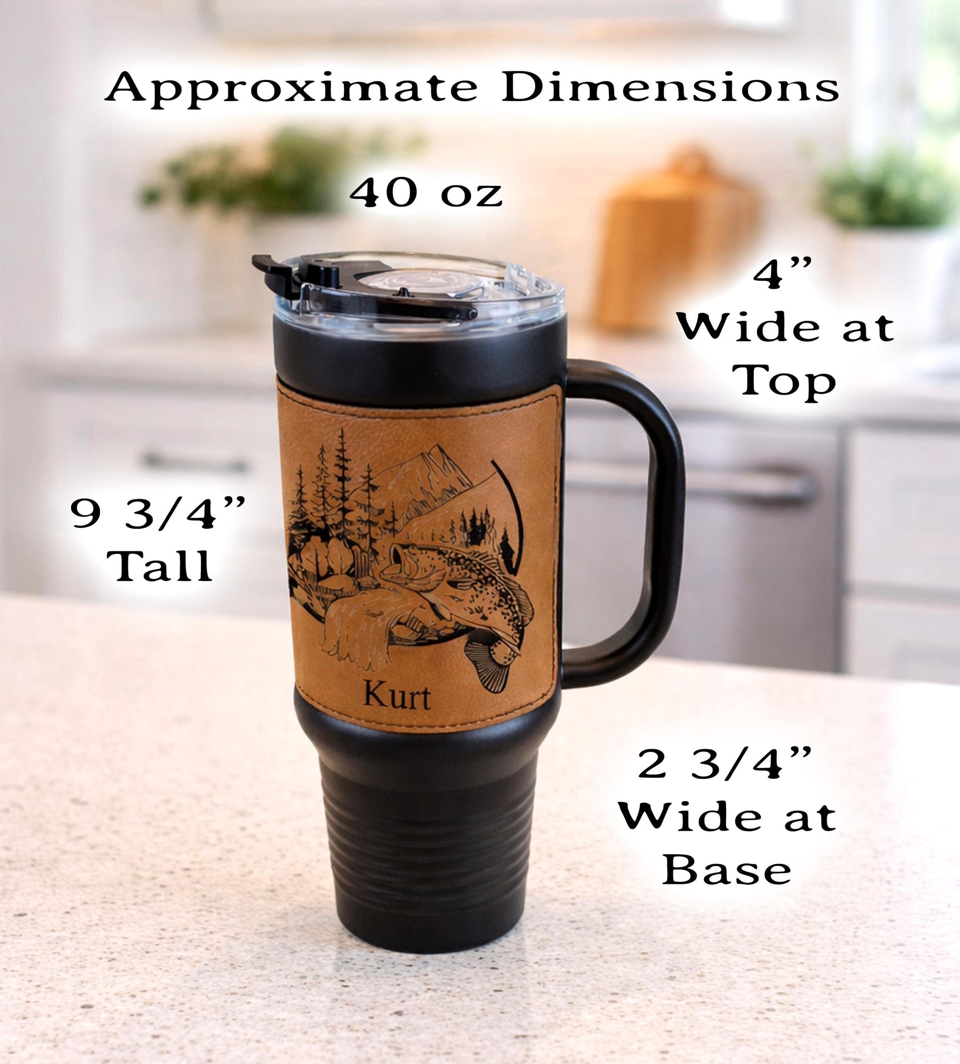 40 Ounce Personalized Fly Fishing Travel Mug, Custom Coffee Tumbler, Leather Wrapped Bass And Trout Insulated Cup, Perfect Gift For Him