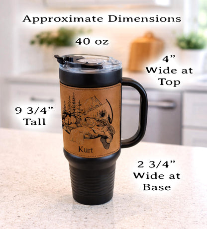 40 Ounce Personalized Fly Fishing Travel Mug, Custom Coffee Tumbler, Leather Wrapped Bass And Trout Insulated Cup, Perfect Gift For Him