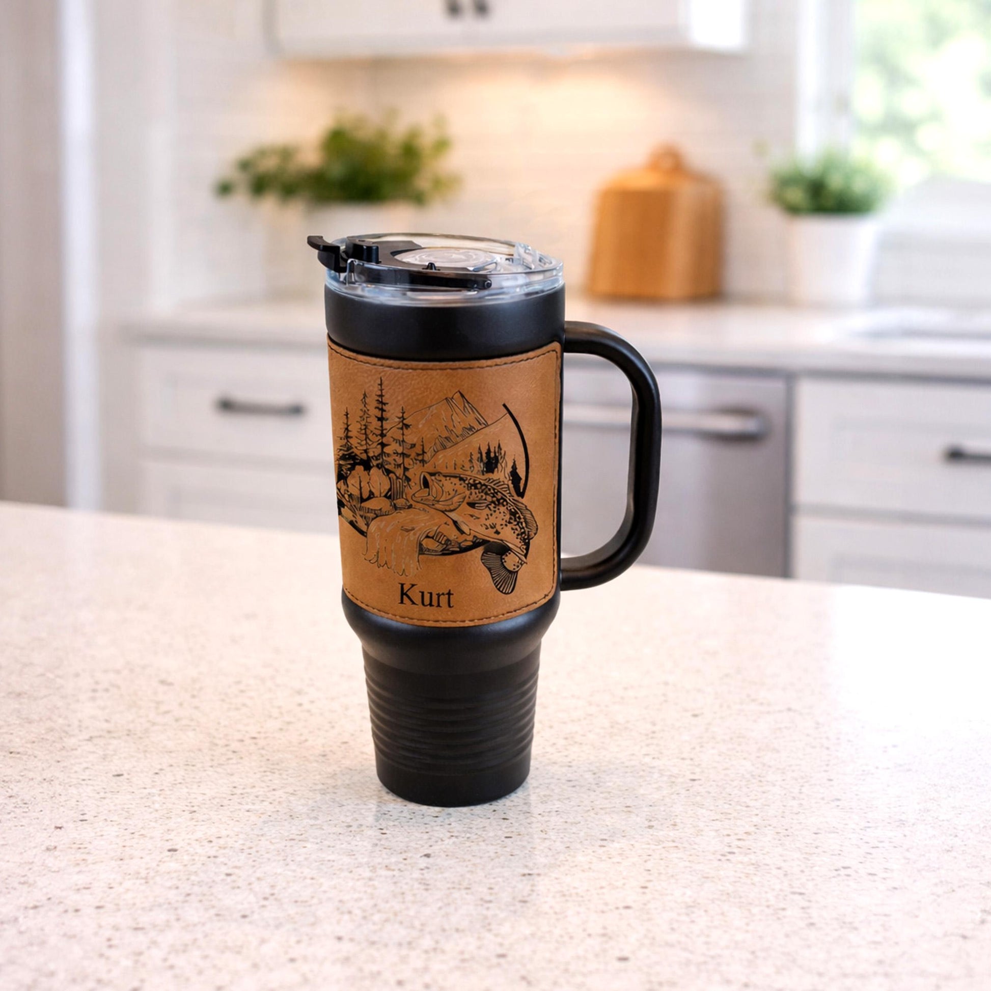 40 Ounce Personalized Fly Fishing Travel Mug, Custom Coffee Tumbler, Leather Wrapped Bass And Trout Insulated Cup, Perfect Gift For Him