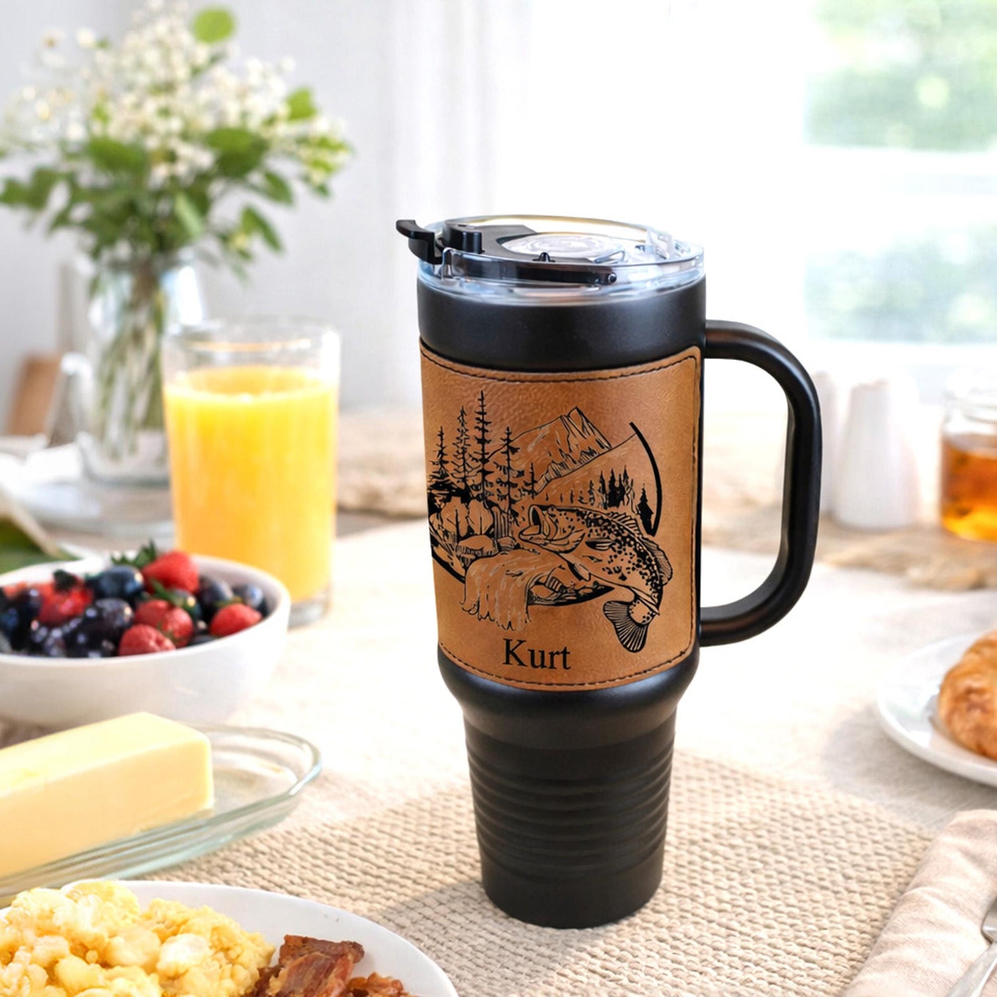 40 Ounce Personalized Fly Fishing Travel Mug, Custom Coffee Tumbler, Leather Wrapped Bass And Trout Insulated Cup, Perfect Gift For Him