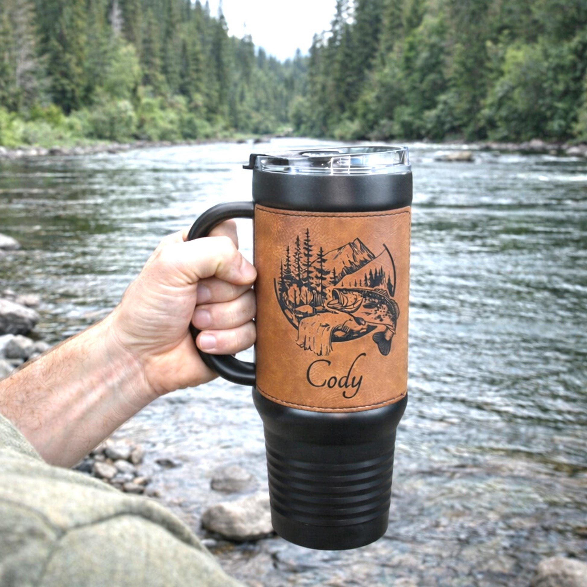 40 Ounce Personalized Fly Fishing Travel Mug, Custom Coffee Tumbler, Leather Wrapped Bass And Trout Insulated Cup, Perfect Gift For Him