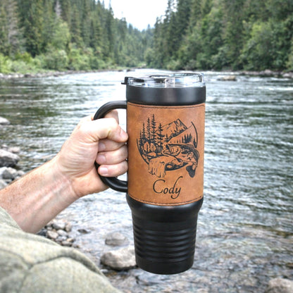 40 Ounce Personalized Fly Fishing Travel Mug, Custom Coffee Tumbler, Leather Wrapped Bass And Trout Insulated Cup, Perfect Gift For Him