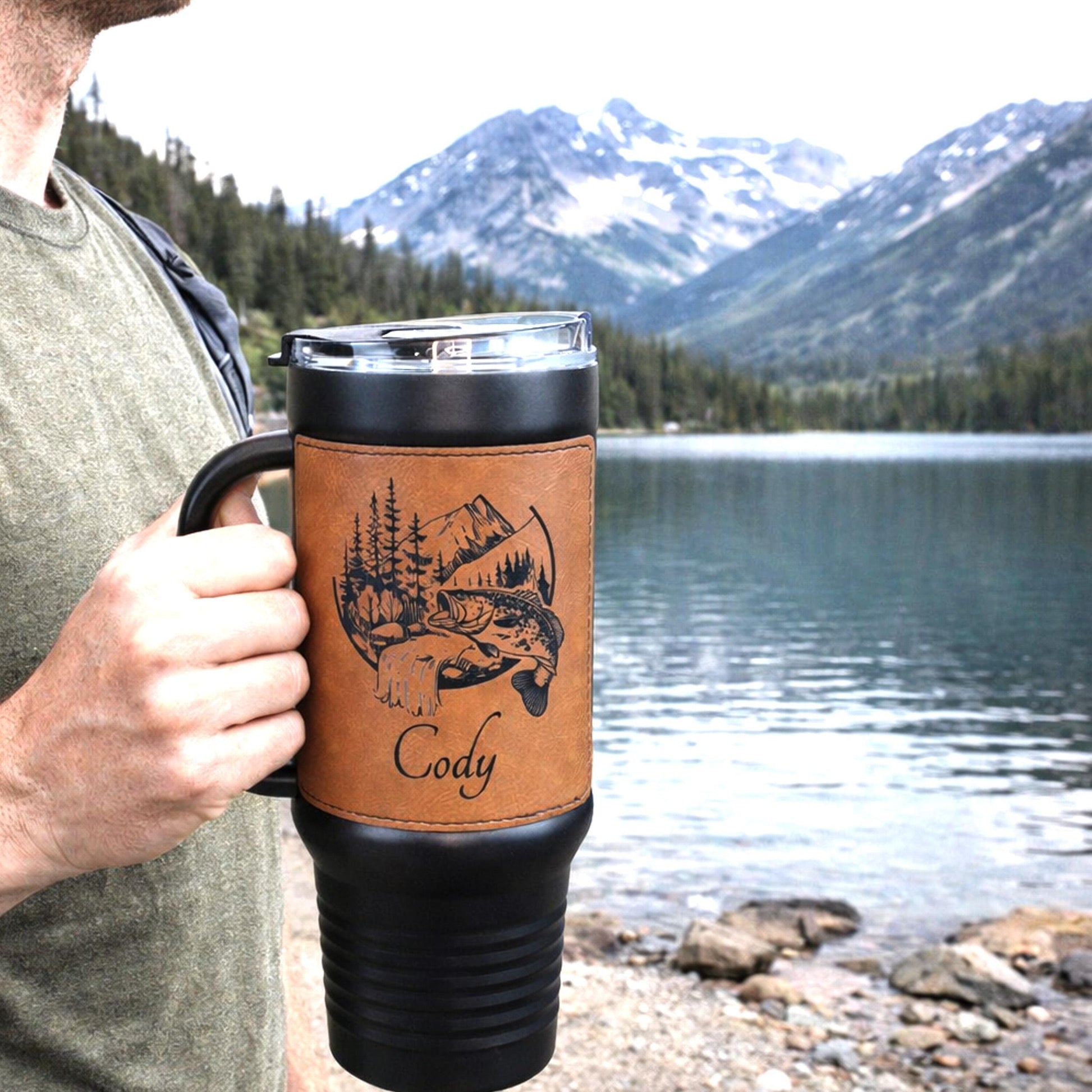 40 Ounce Personalized Fly Fishing Travel Mug, Custom Coffee Tumbler, Leather Wrapped Bass And Trout Insulated Cup, Perfect Gift For Him