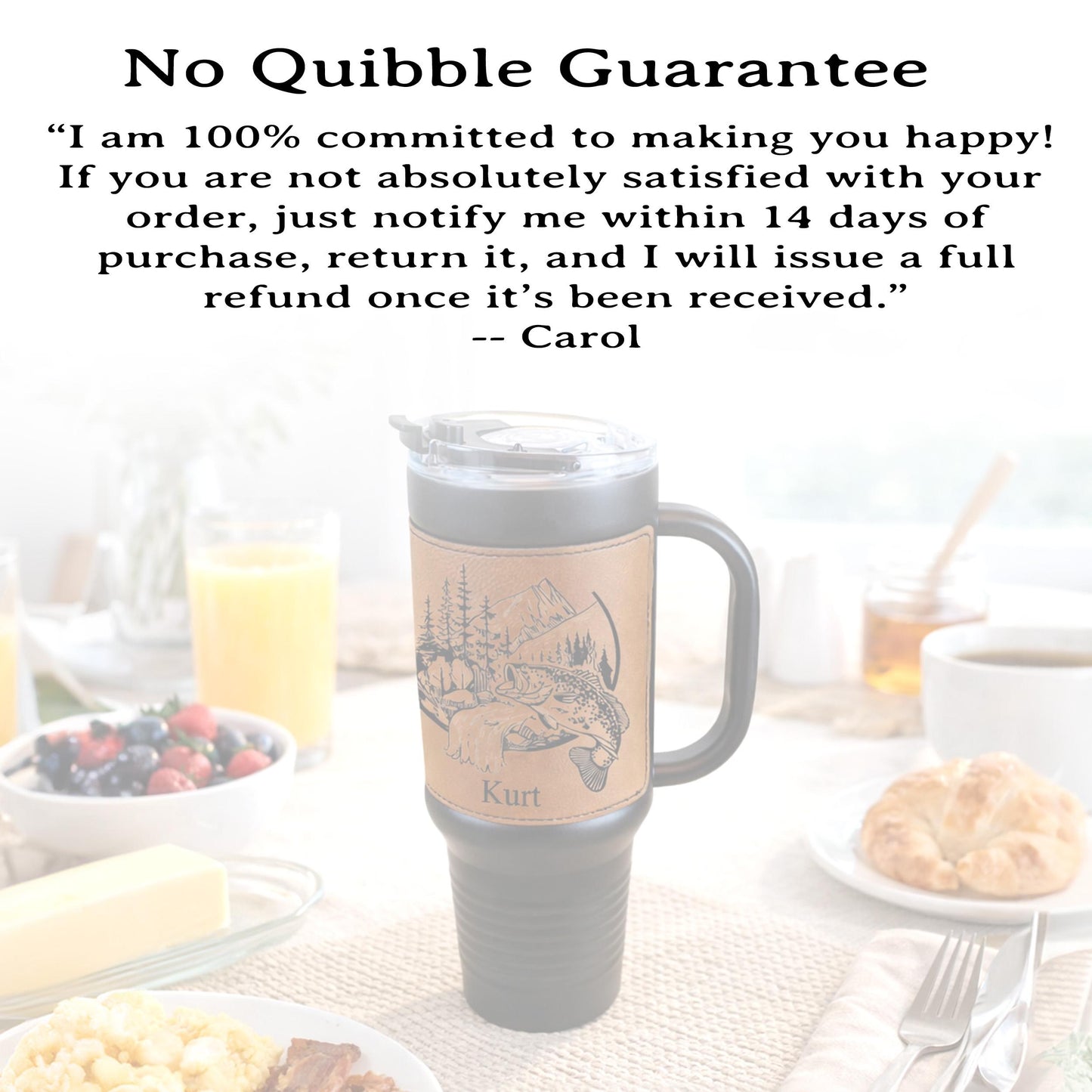 40 Ounce Personalized Fly Fishing Travel Mug, Custom Coffee Tumbler, Leather Wrapped Bass And Trout Insulated Cup, Perfect Gift For Him