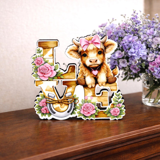 Highland Cow Love Shelf Sitter – Personalized Love Sign, Wooden Valentine Mantel & Tiered Tray Decor