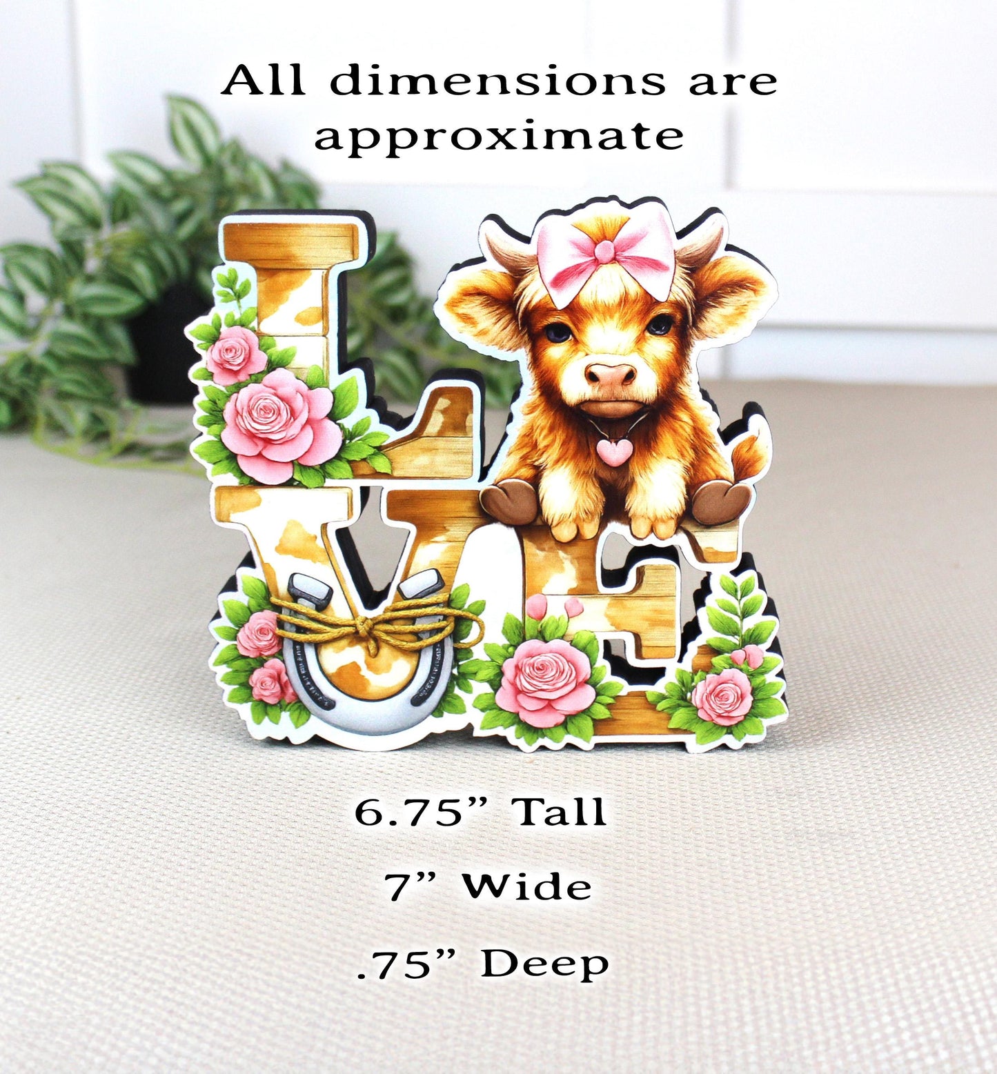 Highland Cow Love Shelf Sitter – Personalized Love Sign, Wooden Valentine Mantel & Tiered Tray Decor