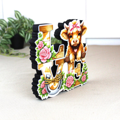 Highland Cow Love Shelf Sitter – Personalized Love Sign, Wooden Valentine Mantel & Tiered Tray Decor