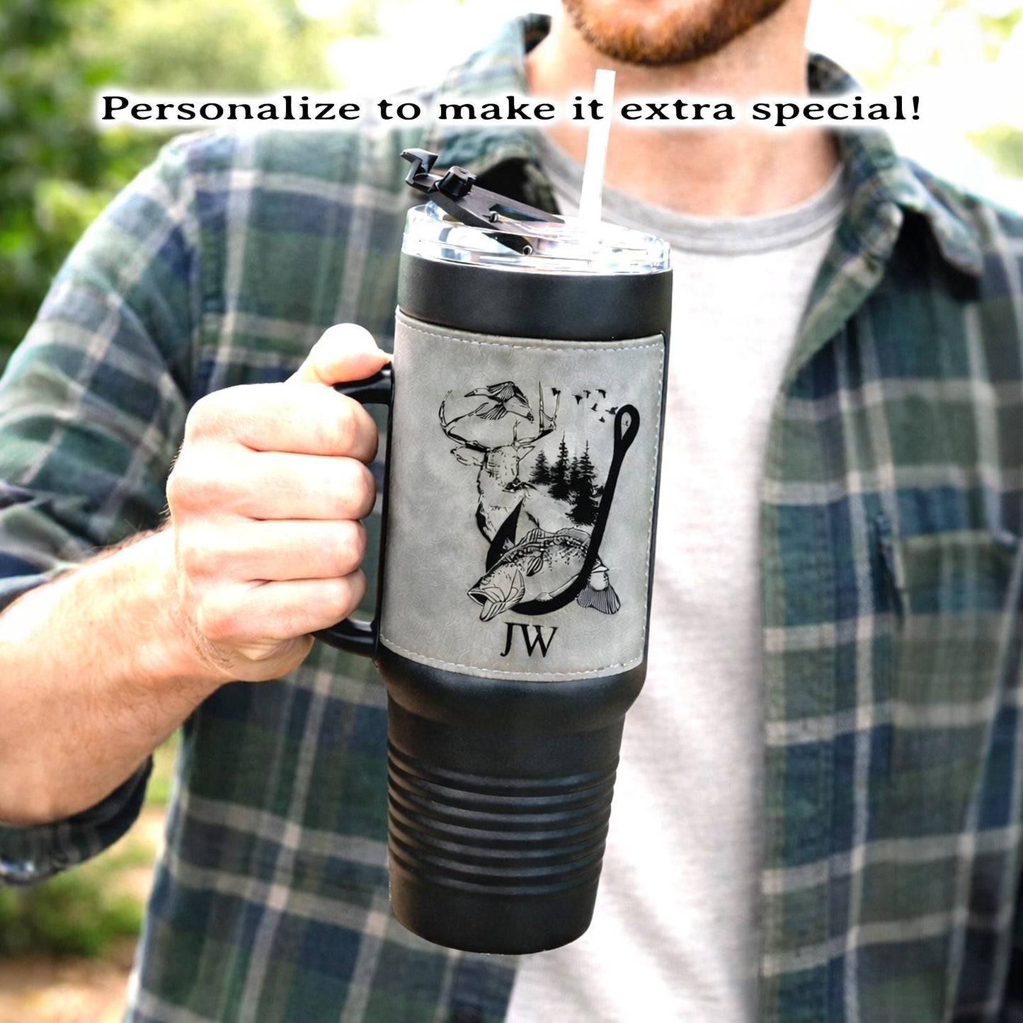 40 Ounce Personalized Fishing And Hunting Travel Mug, Custom Coffee Stainless Tumbler, Leather Wrapped Insulated Cup, Perfect Gift For Him