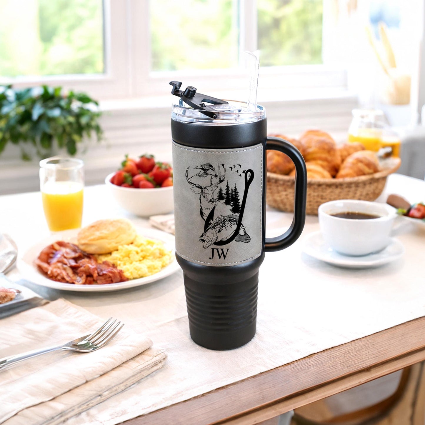 40 Ounce Personalized Fishing And Hunting Travel Mug, Custom Coffee Stainless Tumbler, Leather Wrapped Insulated Cup, Perfect Gift For Him