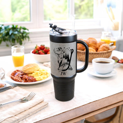40 Ounce Personalized Fishing And Hunting Travel Mug, Custom Coffee Stainless Tumbler, Leather Wrapped Insulated Cup, Perfect Gift For Him