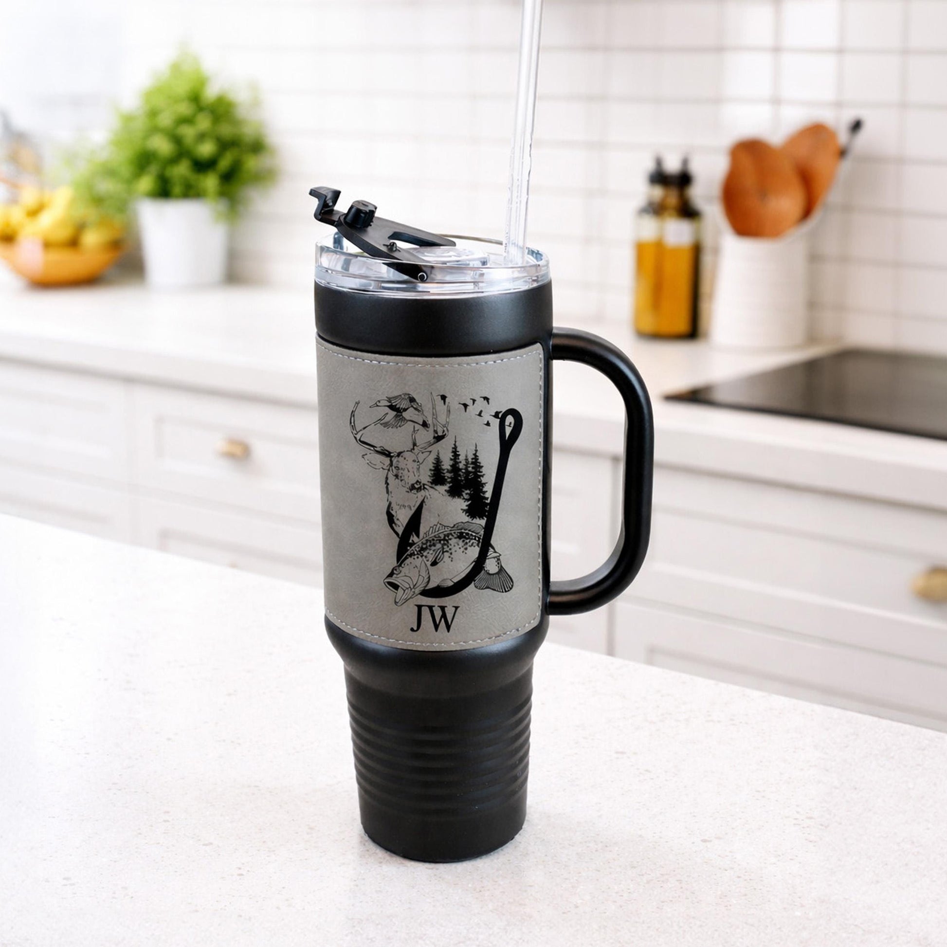 40 Ounce Personalized Fishing And Hunting Travel Mug, Custom Coffee Stainless Tumbler, Leather Wrapped Insulated Cup, Perfect Gift For Him