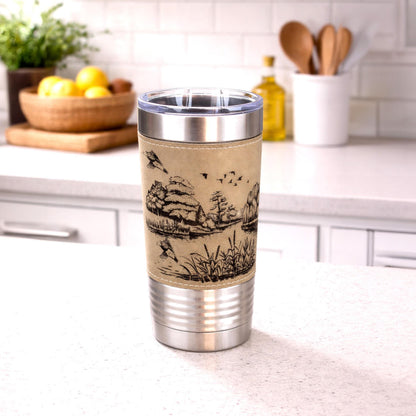 Duck Pond Engraved Travel Tumbler – Personalized Leatherette Wrap, Perfect Gift for Hunters or Duck Lovers
