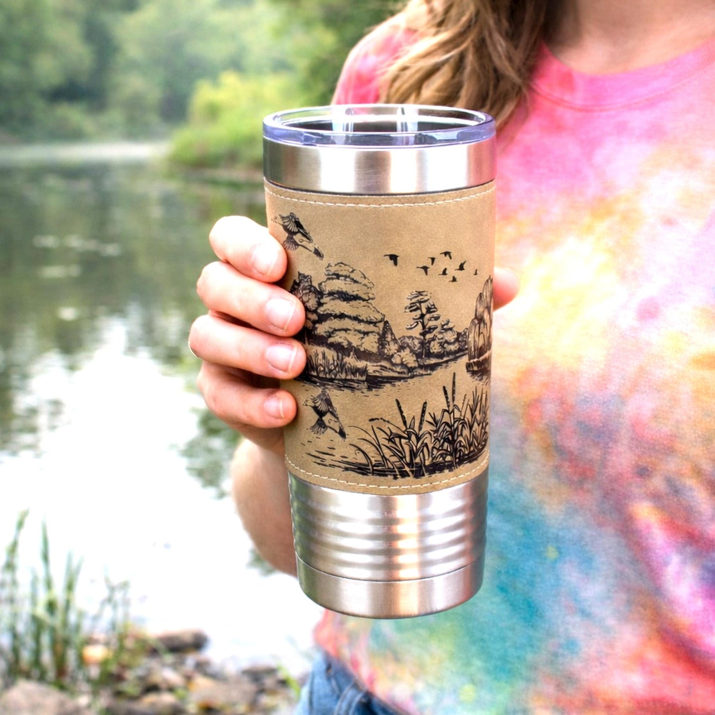 Duck Pond Engraved Travel Tumbler – Personalized Leatherette Wrap, Perfect Gift for Hunters or Duck Lovers