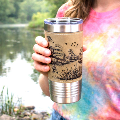 Duck Pond Engraved Travel Tumbler – Personalized Leatherette Wrap, Perfect Gift for Hunters or Duck Lovers